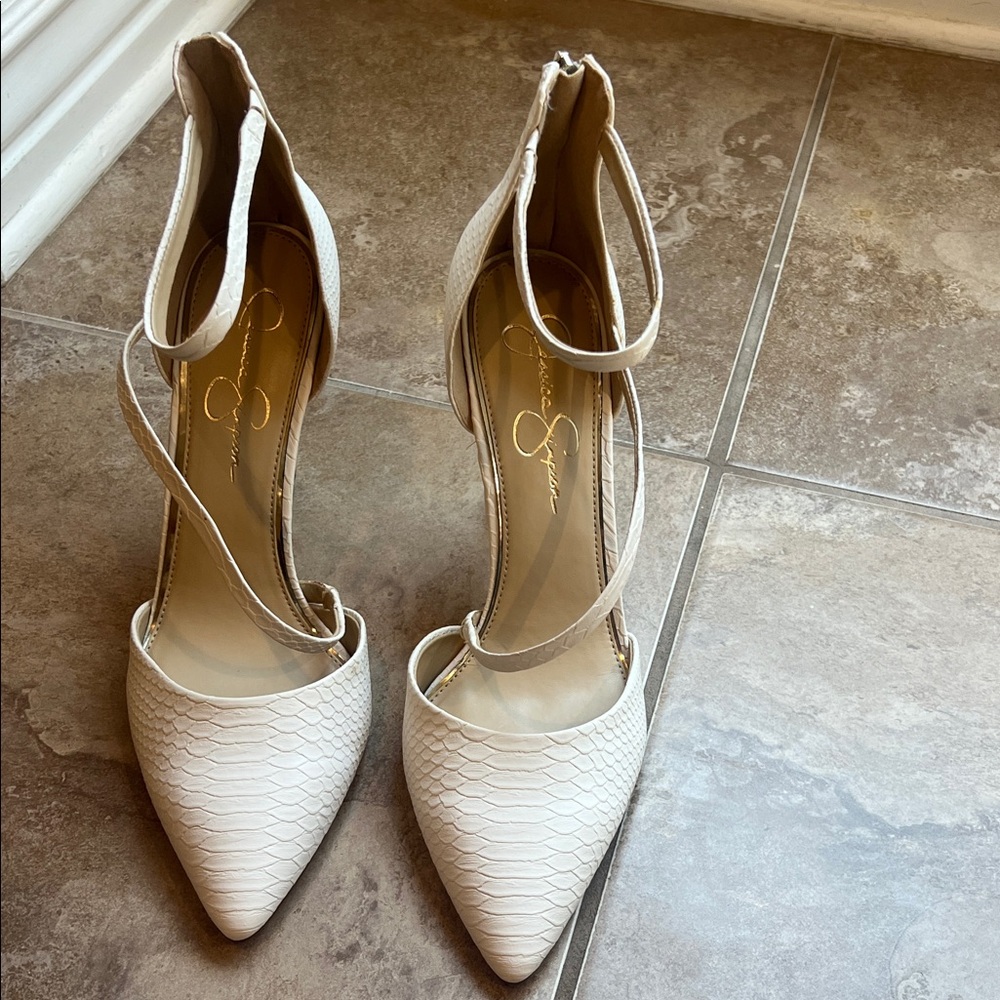 Jessica Simpson Cream Snake-Embossed Pointed Ankle-Strap Pumps